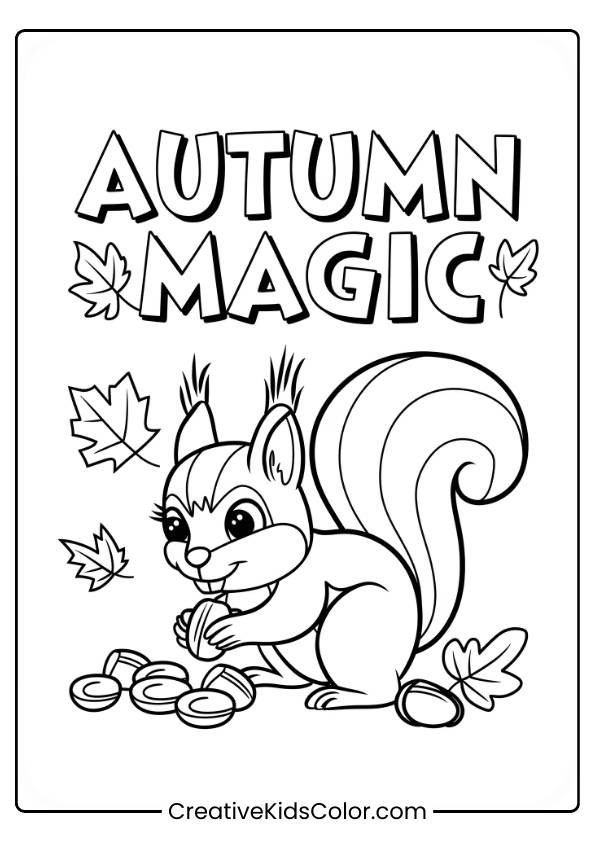 A Squirrel Gathering Nuts With &Quot;Autumn Magic&Quot; Text In This Fall Coloring Page.