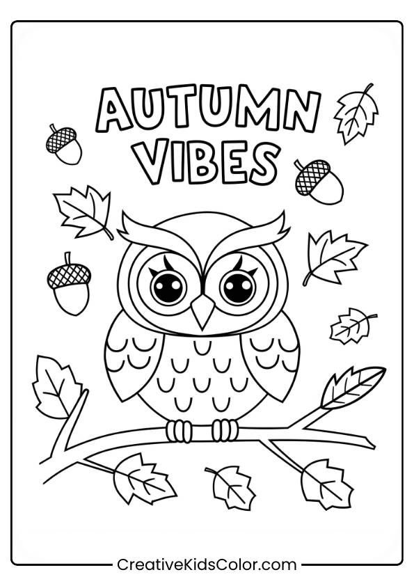 An Owl Holding Acorns With &Quot;Autumn Vibes&Quot; Text In This Autumn-Themed Coloring Page.