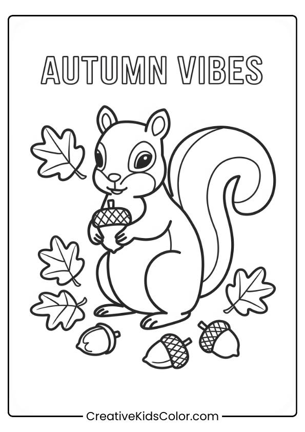 A Squirrel Gathering Acorns With &Quot;Autumn Vibes&Quot; Text In This Fall Coloring Page.