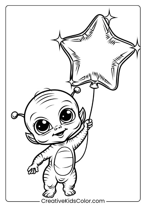 Coloring Page Of A Baby Alien Holding A Star Balloon, With Expressive Eyes And Antennas, In A Cosmic Setting.
