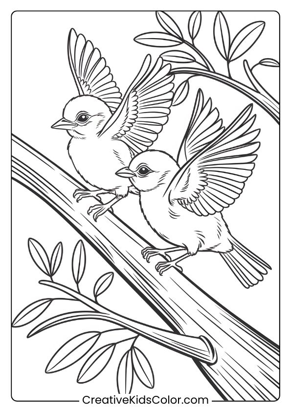 Baby Birds Learning To Fly On A Branch In A Charming Bird Coloring Page Designed For Kids.