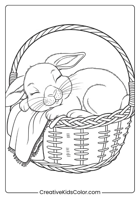 Coloring Page Of A Baby Bunny Sleeping In A Basket, Creating A Serene And Cozy Coloring Scene.