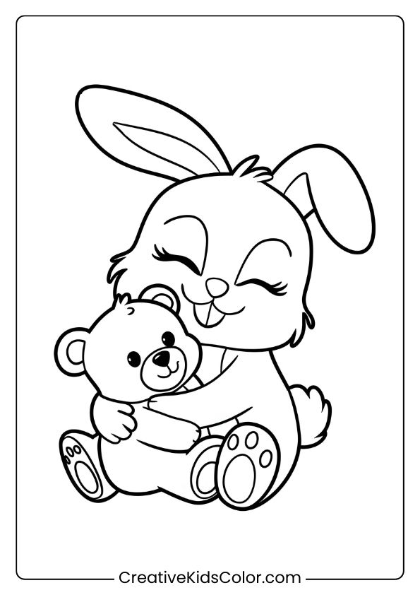 Coloring Page Of A Baby Bunny Snuggling With A Teddy Bear, Creating A Cozy And Heartwarming Scene.