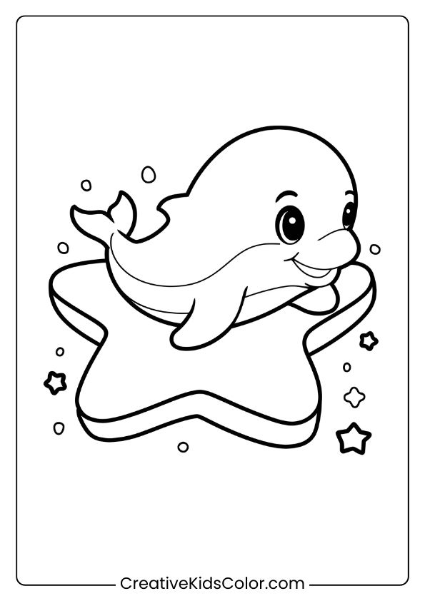 A Baby Dolphin Floating On A Star, Creating A Whimsical Coloring Page For Children.