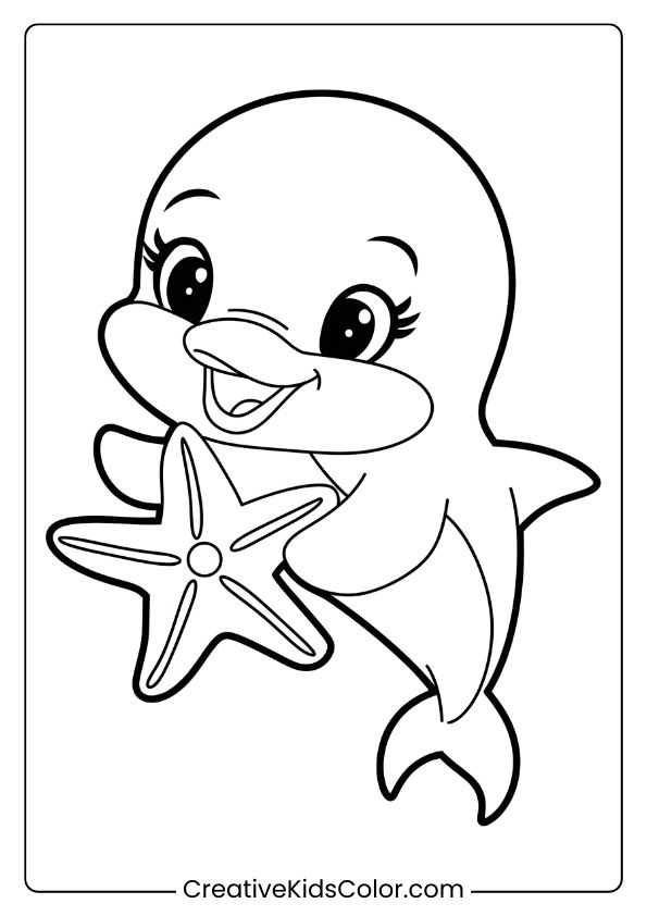 A Baby Dolphin Holding A Starfish, Perfect For A Cute And Engaging Coloring Page.