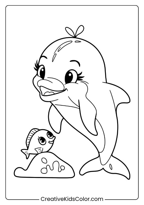 A Baby Dolphin And Fish Playing Peek-A-Boo In A Cute And Fun Coloring Page Scene.