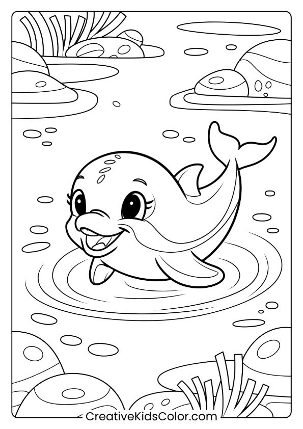 A Baby Dolphin In A Shallow Lagoon, Perfect For A Serene And Engaging Coloring Page.