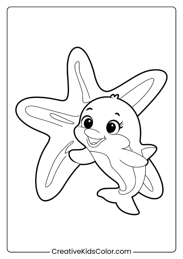 A Baby Dolphin With A Gigantic Starfish, An Adorable Scene For A Coloring Page.