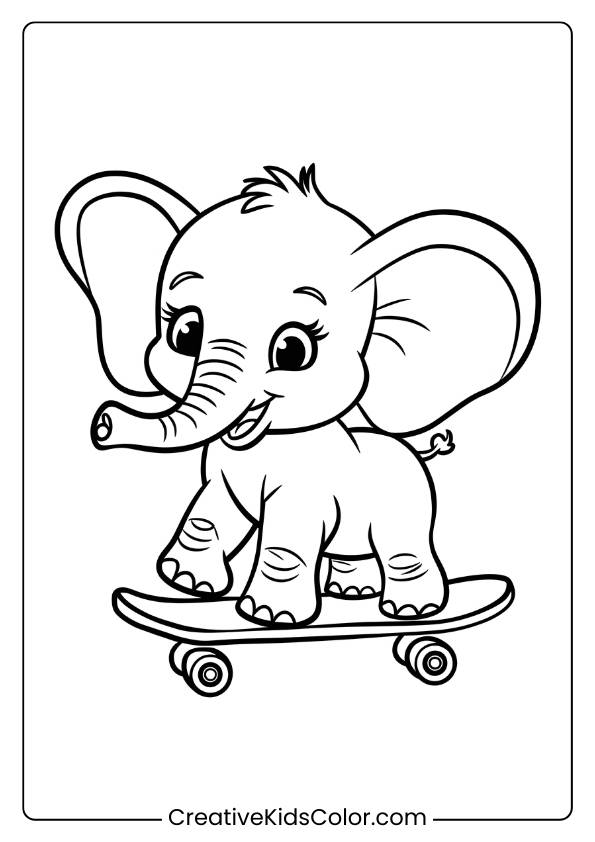 Coloring Page Of A Baby Elephant Riding A Skateboard.