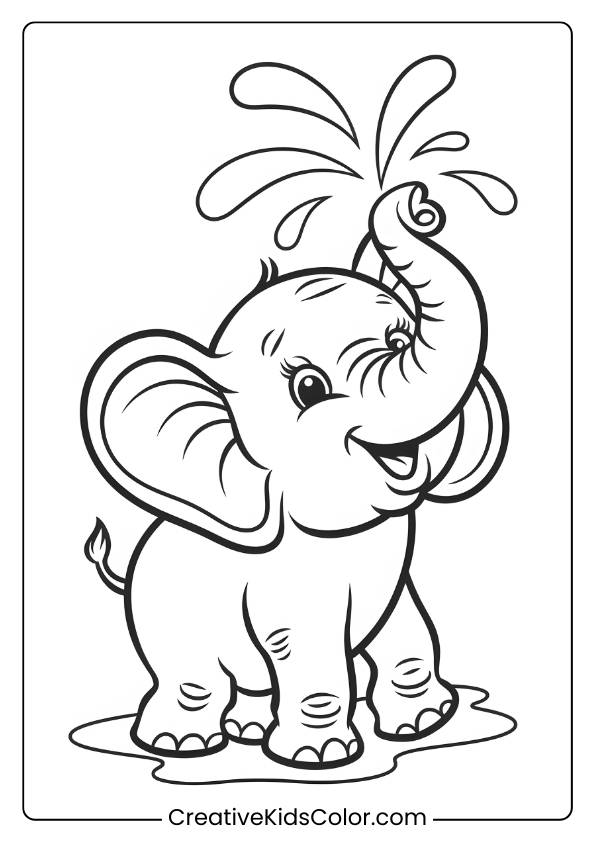 Coloring Page Of A Baby Elephant Joyfully Spraying Water With Its Trunk.