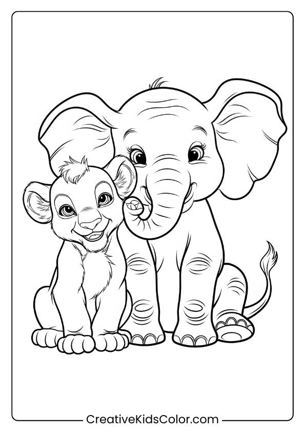 Coloring Page Of A Baby Elephant And A Friendly Lion Cub.