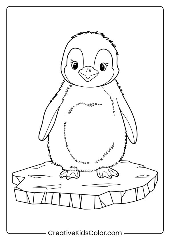 A Baby Penguin On Ice, A Cute Winter Scene For A Penguin Coloring Page.
