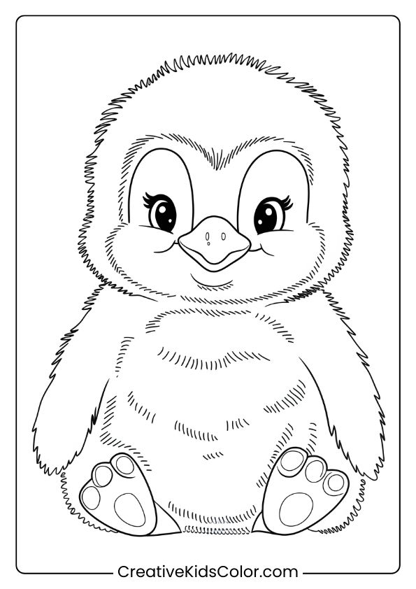 A Fluffy Baby Penguin, A Heartwarming And Cute Penguin Coloring Page For Children.