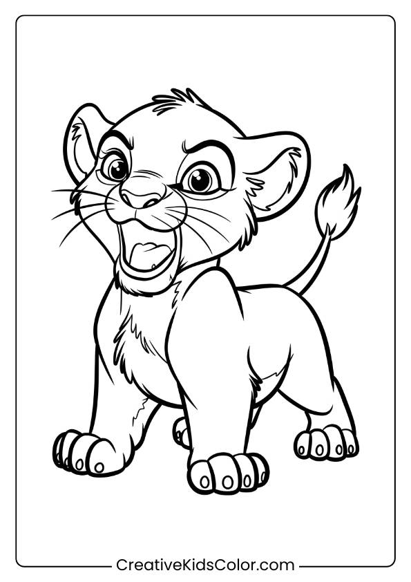 A Young Lion Cub Learning To Roar, Making For An Adorable And Fun Lion Coloring Page For Kids To Enjoy.
