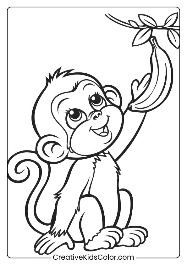 A Baby Monkey Coloring Page Showing A Playful Monkey Reaching For A Banana Hanging From A Leafy Branch.