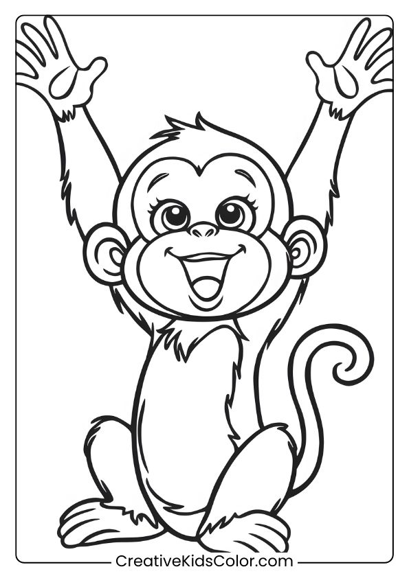 A Coloring Page With A Baby Monkey Reaching Upwards, Arms Lifted With Excitement And Joy.