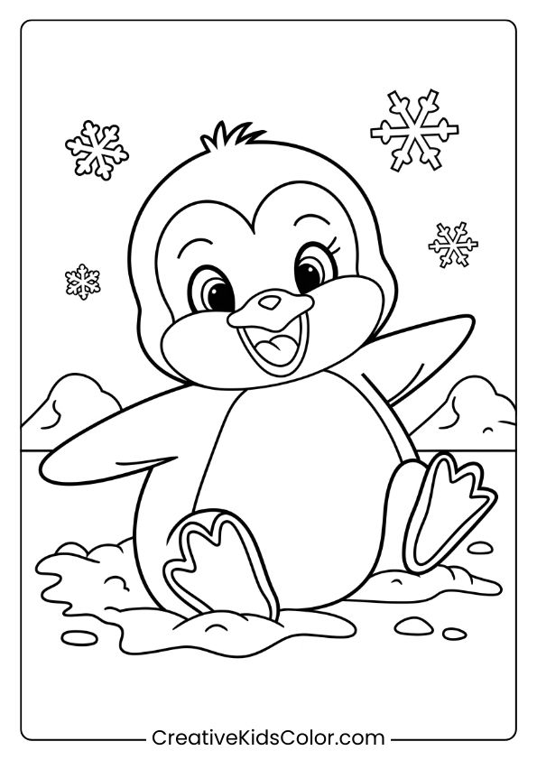 A Playful Baby Penguin Enjoying A Snowy Day, An Adorable Winter Coloring Page For Kids.