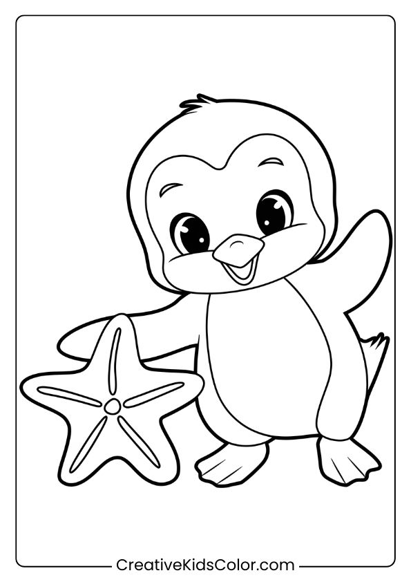 A Baby Penguin And Starfish, A Charming Ocean-Themed Penguin Coloring Page.