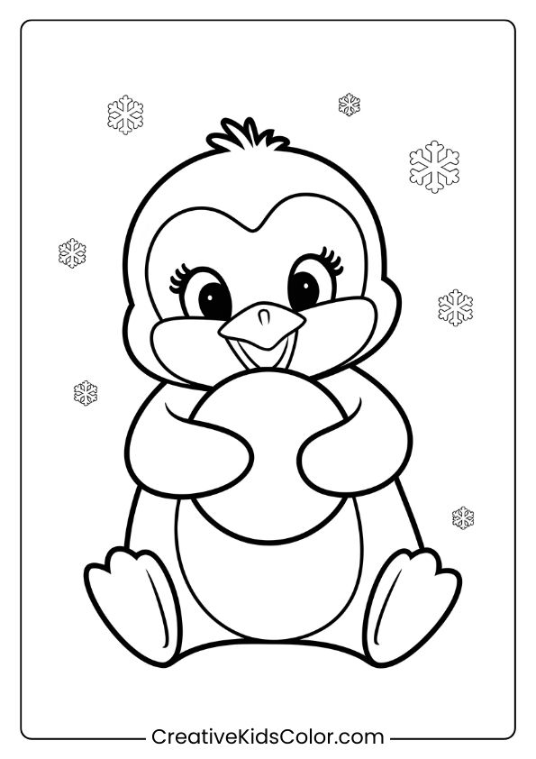 A Baby Penguin With A Snowball Surrounded By Snowflakes, A Cute Winter Penguin Coloring Page.