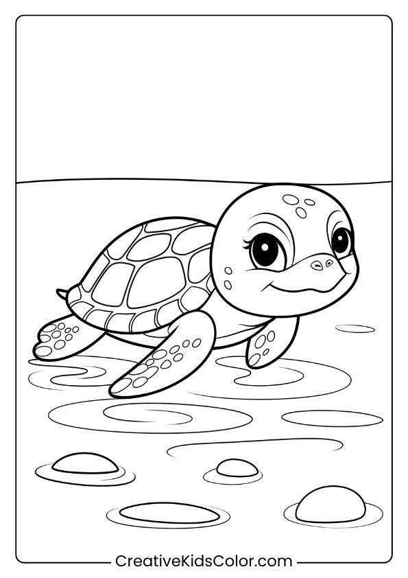 Baby Sea Turtle Coloring Page In Shallow Waters, With Intricate Shell Patterns And A Peaceful Setting.