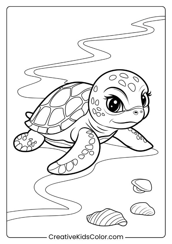 Baby Sea Turtle Coloring Page Featuring A Small Turtle Gliding Near Seashells On A Sandy Beach.