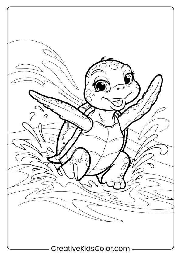 Baby Turtle Coloring Page With Waves, Showing A Cheerful Turtle Enjoying The Water In A Lively Scene.