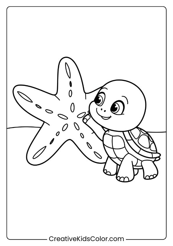 Baby Turtle And Starfish Coloring Page, Capturing A Friendly Interaction On A Sandy Background.