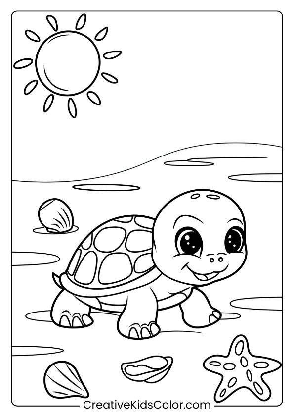 Baby Turtle On A Sunny Shore Coloring Page, Featuring A Cute Turtle On A Beach With Seashells.