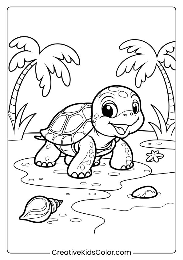 Baby Turtle On An Island Coloring Page, Featuring A Cute Turtle In A Tropical Setting.