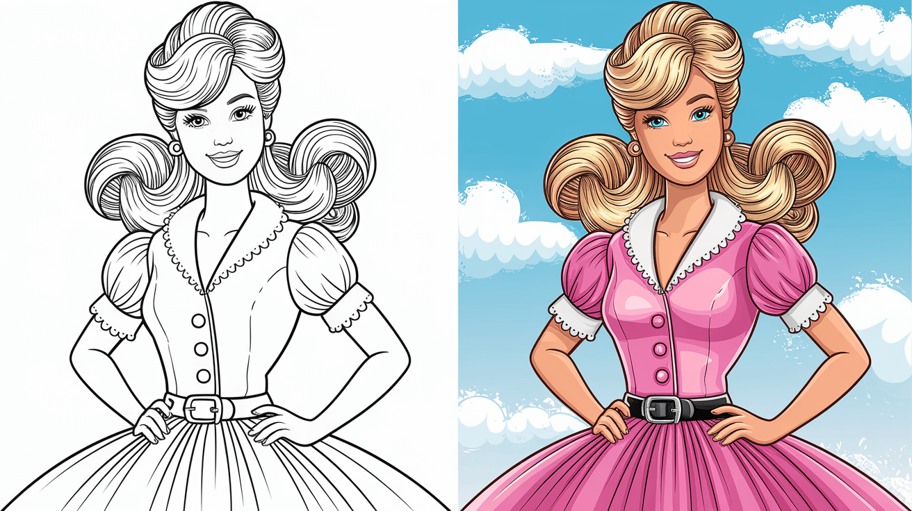 Coloring Page Cover Of Barbie, Left Side Uncolored, Right Side In A Pink Dress Under A Blue Sky.