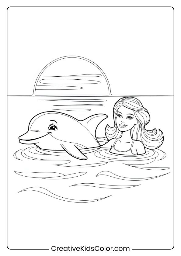 Barbie And Dolphin Swimming At Sunset, A Picturesque And Calm Coloring Page.