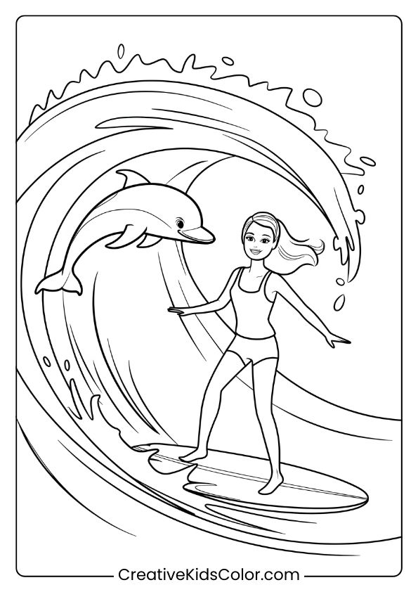 Barbie And Her Dolphin Riding A Big Wave, A Fun And Adventurous Coloring Page.