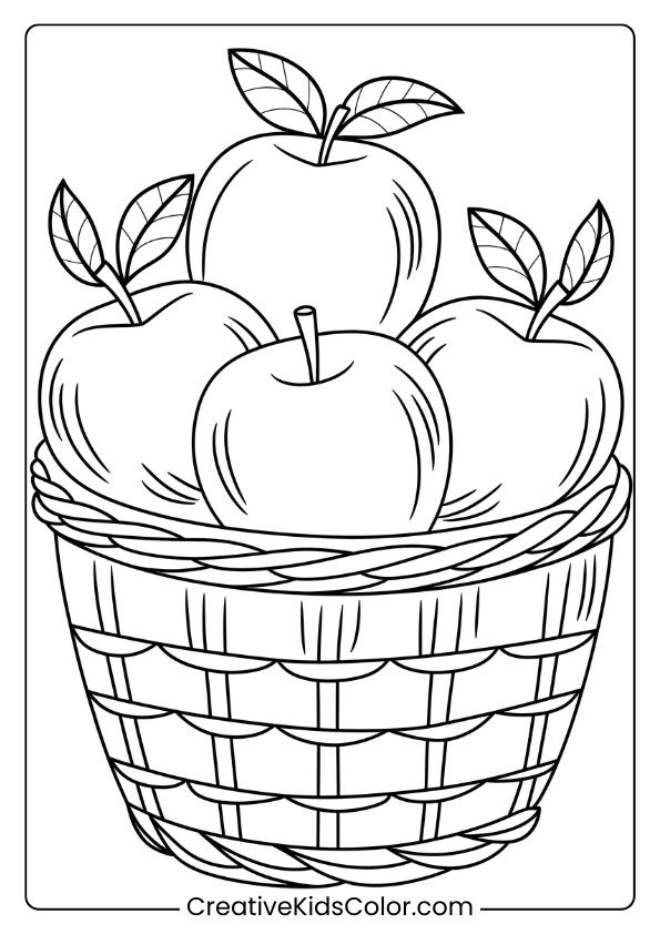 Coloring Page Of A Basket With Honeycrisp Apples, Ready For A Fun And Seasonal Coloring Activity.