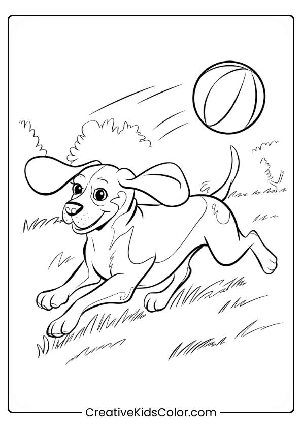 Beagle Chasing A Ball With Excitement In Mid-Air In A Dog Coloring Page.