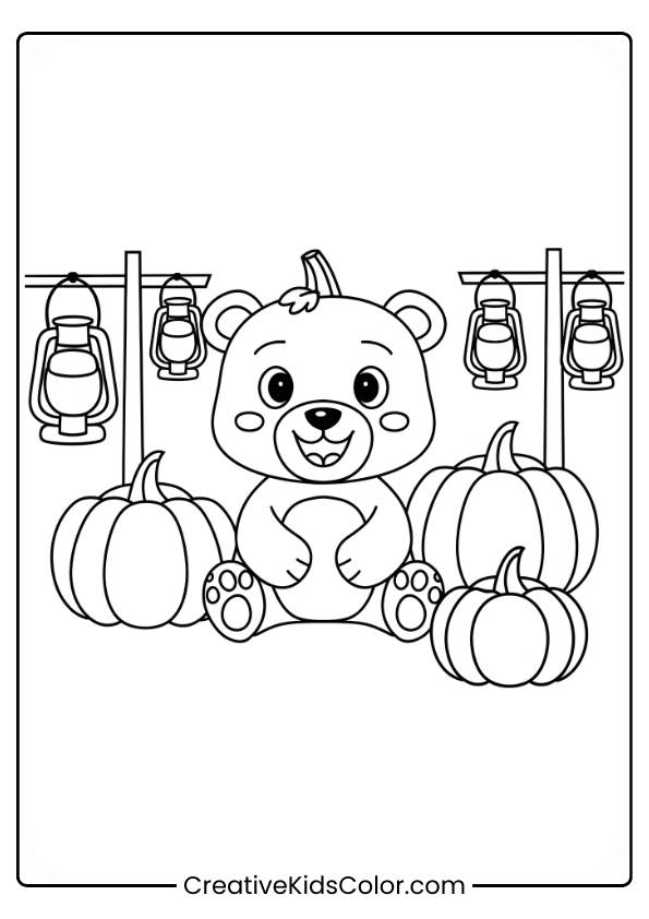 A Bear In A Pumpkin Patch Lit By Fall Lanterns Is Depicted In This Autumn Coloring Page.