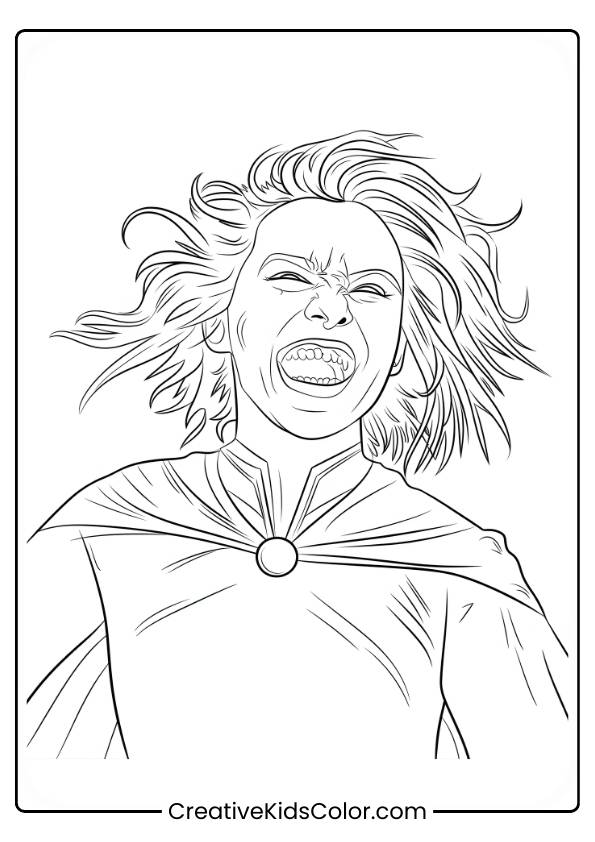 Bellatrix Lestrange Is Depicted Laughing Maniacally, With Her Wild Hair And Intense Expression, In This Dramatic Coloring Page.