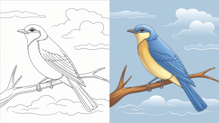 This Coloring Page Cover Shows A Bird On A Branch In Monochrome On The Left And Fully Colored Against A Cloudy Sky On The Right.