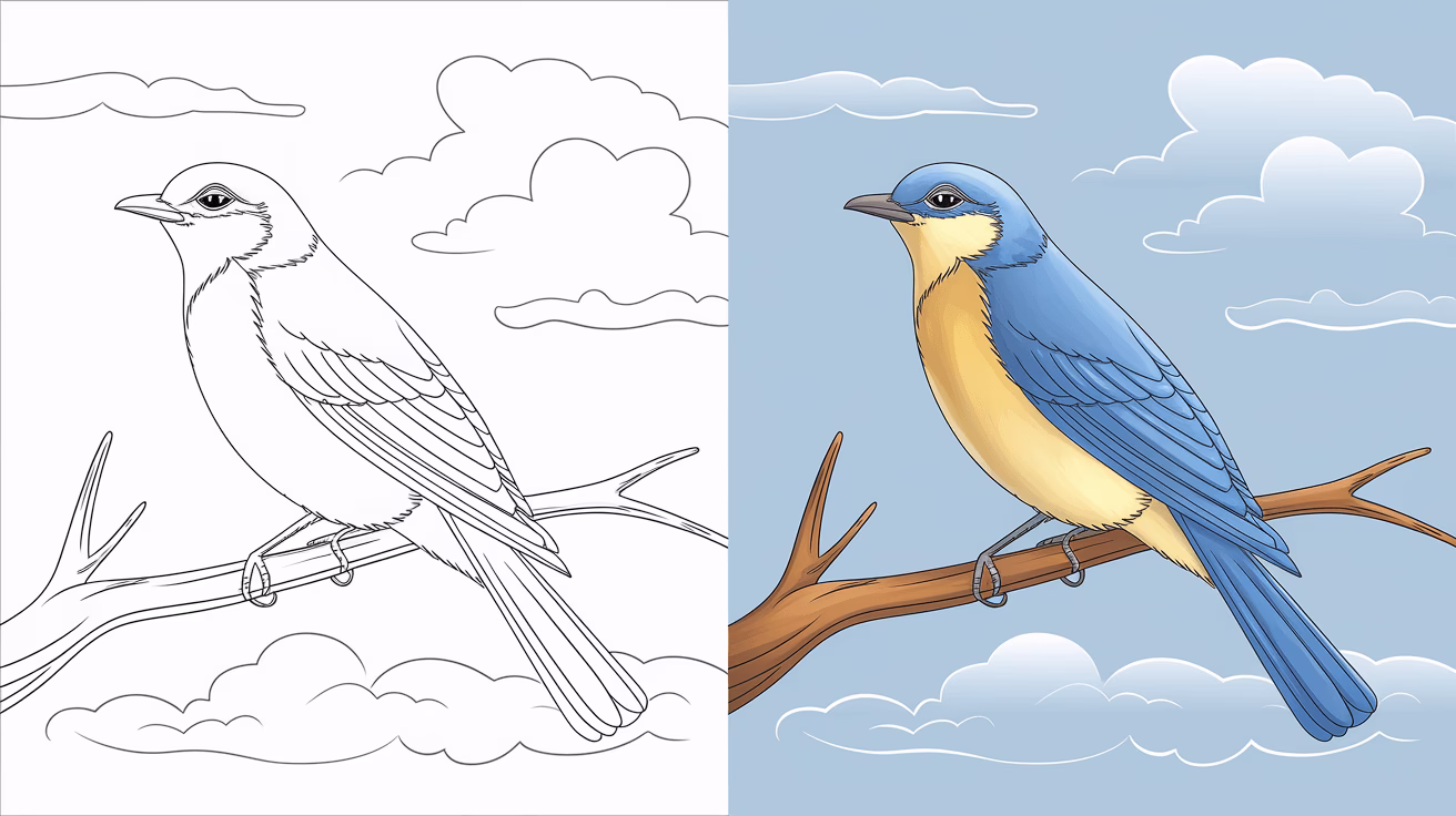 This Coloring Page Cover Shows A Bird On A Branch In Monochrome On The Left And Fully Colored Against A Cloudy Sky On The Right.