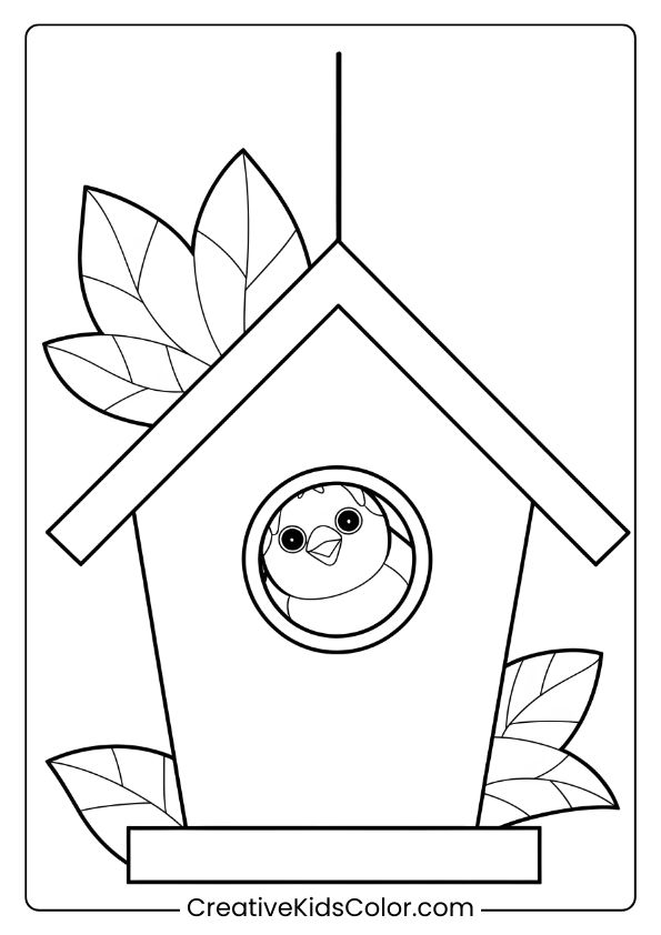 A Bird In A Birdhouse, Perfect For A Simple And Cute Bird Coloring Page For Children.