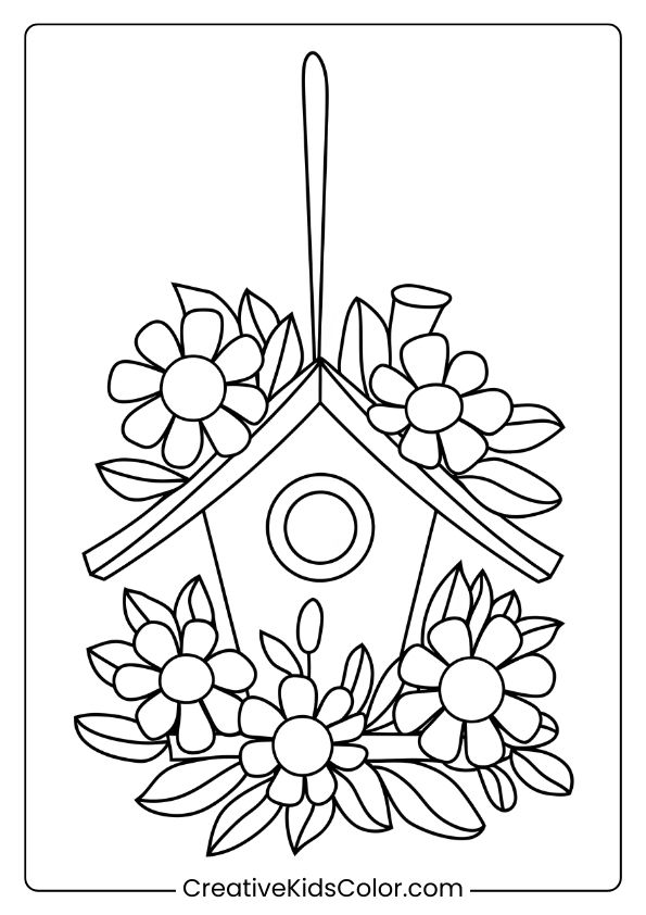 A Birdhouse With Flowers, Ideal For A Cute And Simple Bird Coloring Page For Kids And Nature Enthusiasts.