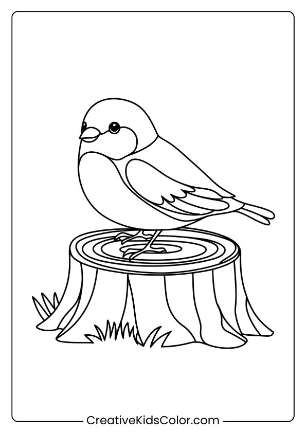 A Bird On A Tree Stump, Perfect For A Simple And Classic Bird Coloring Page.