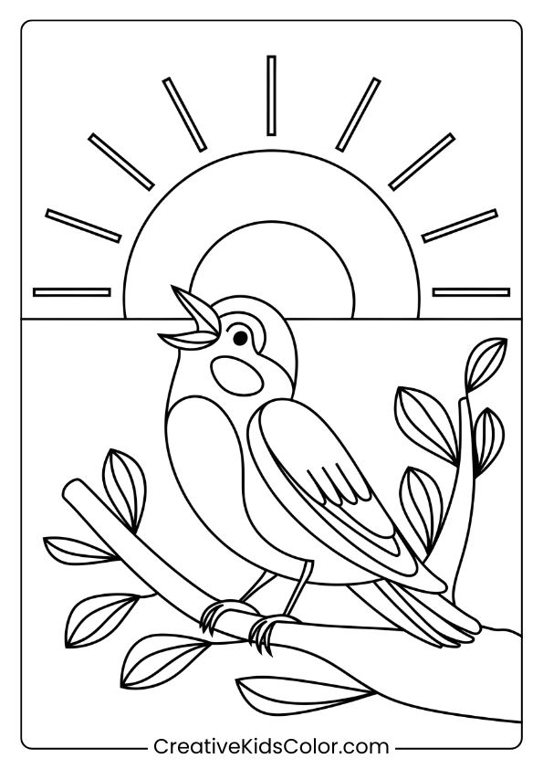 A Bird Singing In The Morning Sun, Perfect For A Fun And Uplifting Bird Coloring Page For Kids.