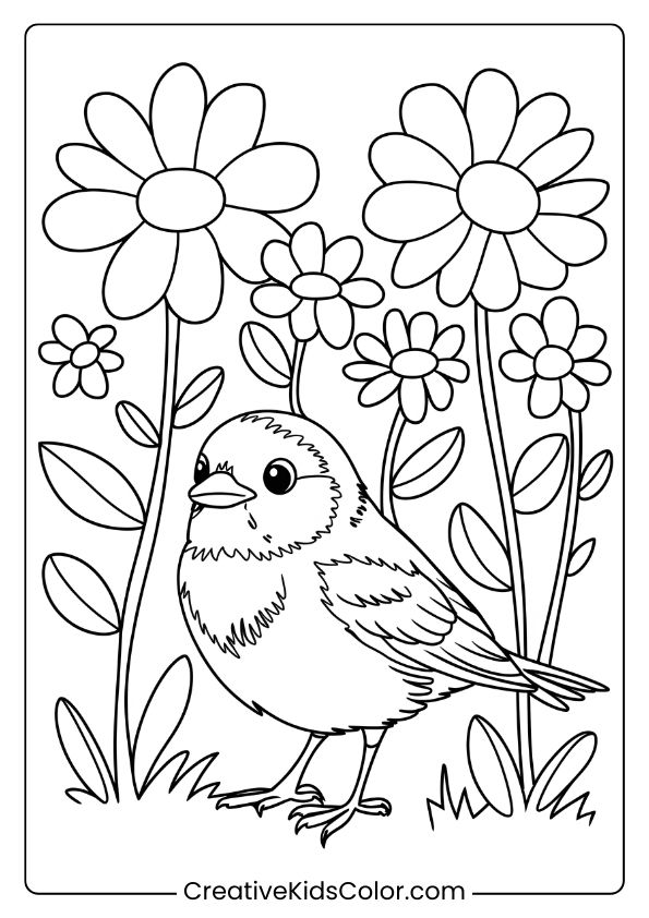 A Bird In A Wildflower Field, Perfect For A Serene And Nature-Inspired Bird Coloring Page For Kids.