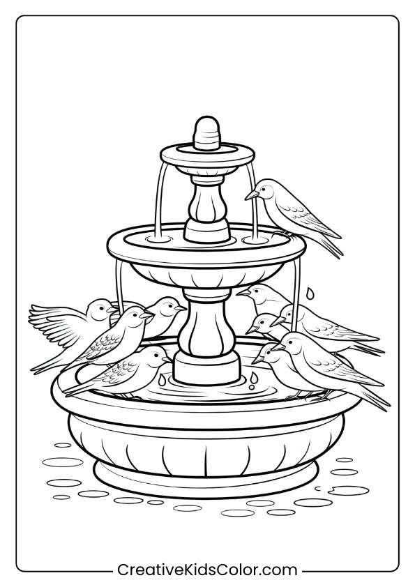 Birds At A Fountain, Perfect For A Serene And Classic Bird Coloring Page For Kids.