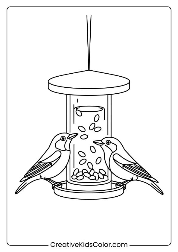 Birds Pecking At A Bird Feeder, Great For A Nature-Themed Bird Coloring Page For Children.