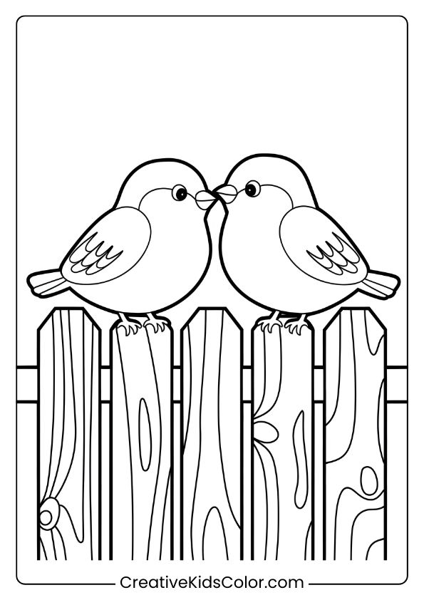 Birds On A Wooden Fence, Perfect For A Simple And Nature-Themed Bird Coloring Page For Children.
