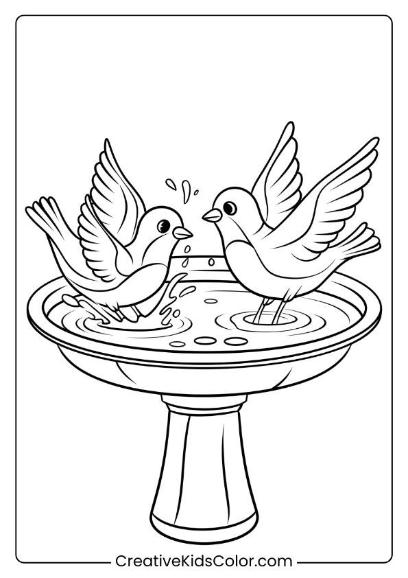 Birds Playing In A Bird Bath, Ideal For A Fun And Playful Bird Coloring Page For Children.