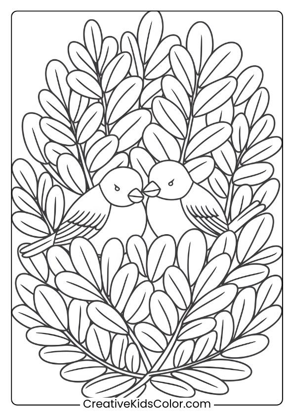Birds In A Bush With Leaves, Perfect For A Peaceful And Nature-Themed Bird Coloring Page For Children.