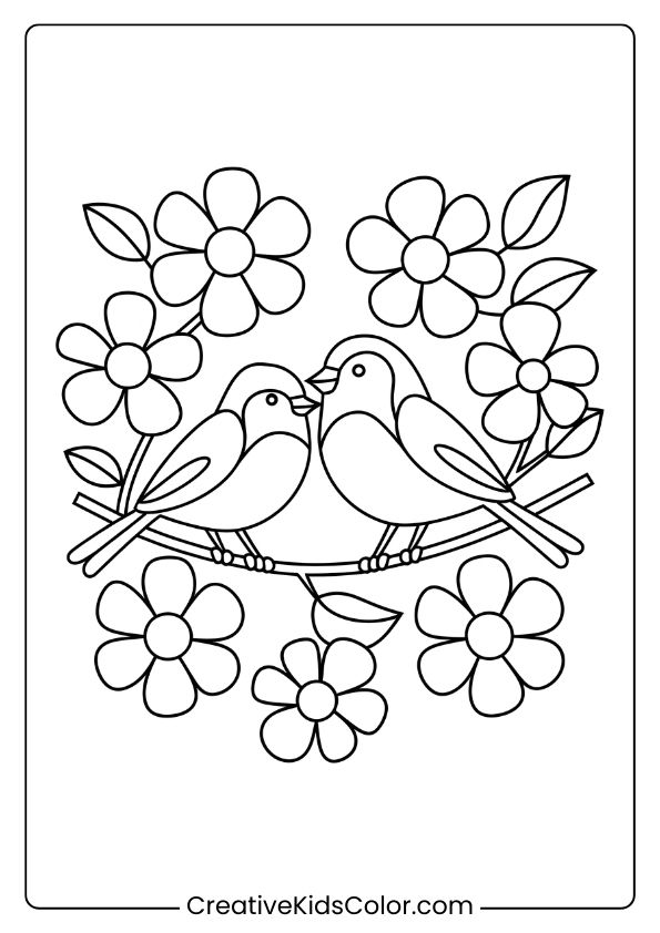 Birds Surrounded By Spring Flowers, Ideal For A Floral And Nature-Inspired Bird Coloring Page For Kids.