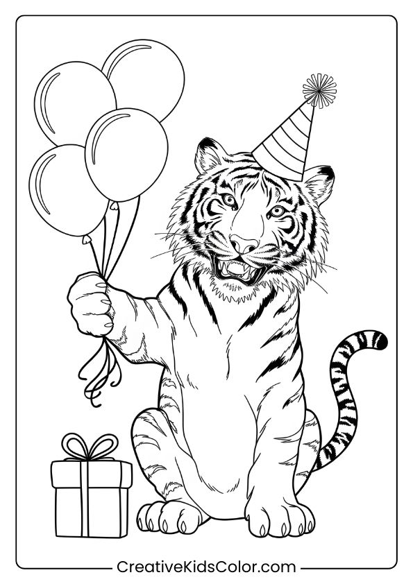 Birthday Party Tiger Coloring Page Showing A Tiger With Balloons And A Wrapped Gift, Celebrating Joyfully.